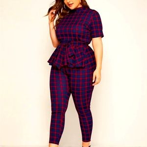 SHEIN Plus Mock-Neck Belted Plaid Peplum Top & Leggings Set 2XL NWOT